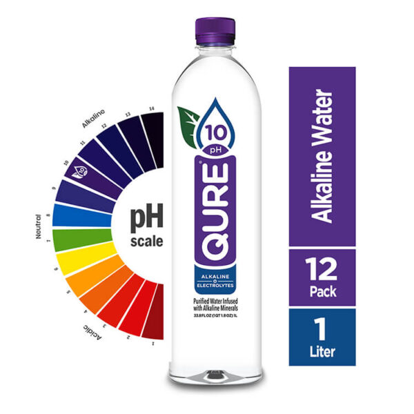 QURE Water High pH Ionized Alkaline Water Bottle 1L Alkaline Water Bottle _ Electrolyte Water with pH and Size Spec