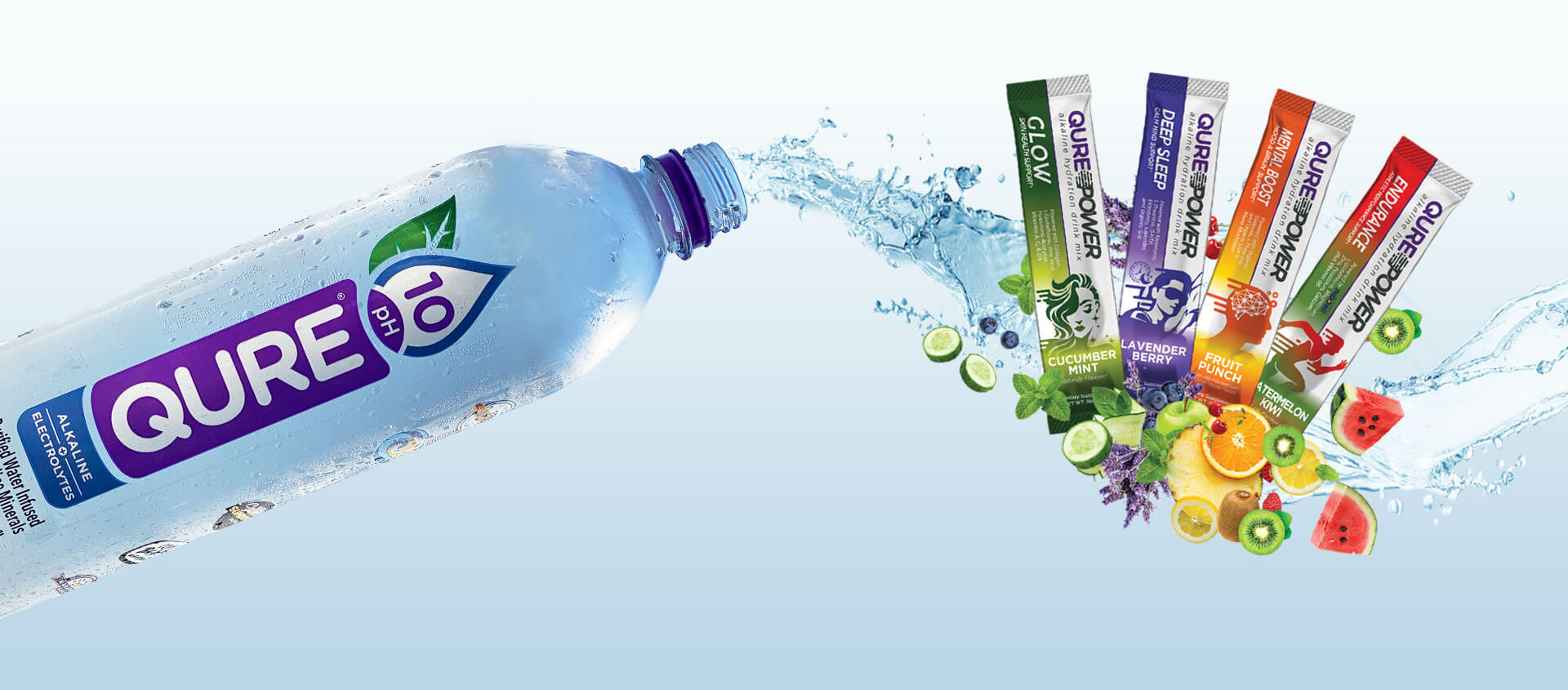 QURE Alkaline Water together with QURE Power Alkaline Hydration Drink Mix